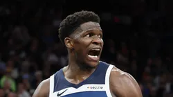 Anthony Edwards #5 of the Minnesota Timberwolves reacts to a slam dunk against Kevin Durant #35 of the Phoenix Suns