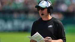 Offensive coordinator Kellen Moore of the Philadelphia Eagles looks on against the Minnesota Vikings in the second half of the preseason game at Lincoln Financial Field on August 24, 2024 in Philadelphia, Pennsylvania. The Vikings defeated the Eagles 26-3.