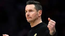 Head coach JJ Redick of the Los Angeles Lakers reacts during the first half of the game against the Charlotte Hornets at Spectrum Center on January 27, 2025 in Charlotte, North Carolina.