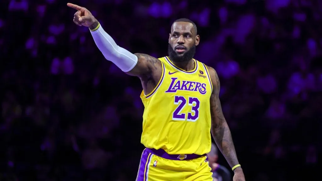 LeBron James #23 of the Los Angeles Lakers gestures in the first half of the West semifinal game of the inaugural NBA In-Season Tournament against the New Orleans Pelicans in 2023. (Source: Ethan Miller/Getty Images)