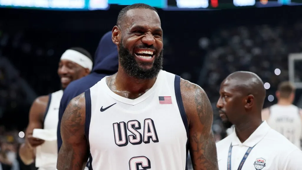 LeBron James #6 of the United States reacts during after an exhibition game between the United States and Serbia ahead of the Paris Olympic Games in 2024. (Source: Christopher Pike/Getty Images)