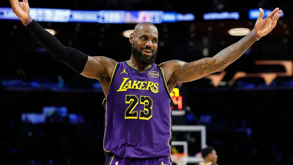 LeBron James #23 of the Los Angeles Lakers reacts during a 120-112 win against the Golden State Warriors in the second half at Crypto.com Arena on February 06, 2025. (Source: Ronald Martinez/Getty Images)