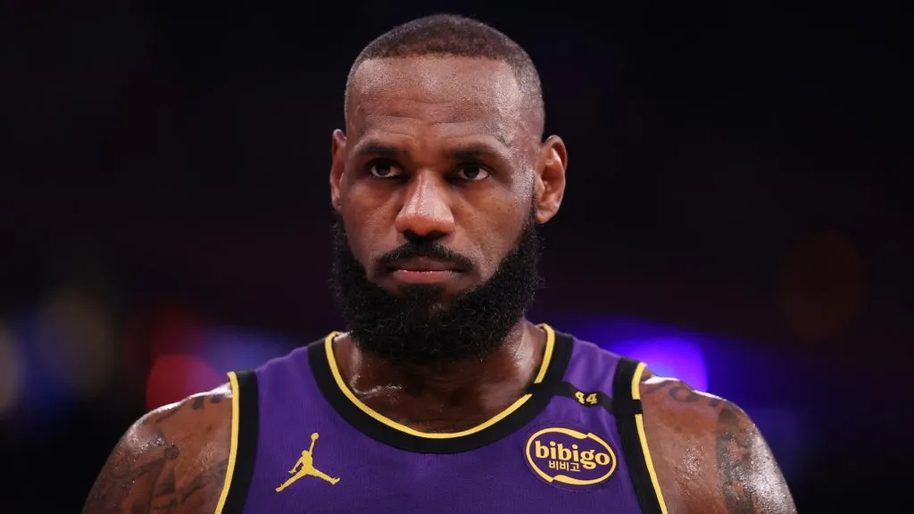 LeBron James #23 of the Los Angeles Lakers looks on against the New York Knicks during their game at Madison Square Garden on February 01, 2025. (Source: Al Bello/Getty Images)