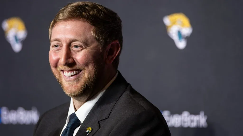 Liam Coen, new Head Coach of the Jacksonville Jaguars, looks on as he is introduced to the media at the Miller Electric Center on January 27, 2025. (Source: James Gilbert/Getty Images)