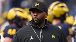 Head coach Sherrone Moore of the Michigan Wolverines is seen on the field during warmups prior to a game against the Texas Longhorns at Michigan Stadium on September 07, 2024 in Ann Arbor, Michigan.