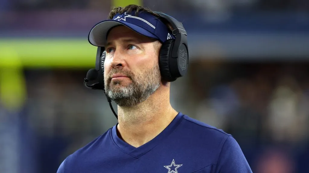 Dallas Cowboys offensive coordinator Brian Schottenheimer watches from the sidelines in a preseason game against the Las Vegas Raiders at AT&T Stadium on August 26, 2023. (Source: Richard Rodriguez/Getty Images)