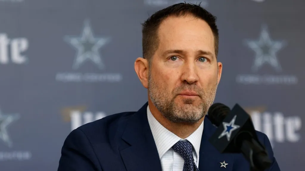 Brian Schottenheimer looks on after being introduced as the new head coach of the Dallas Cowboys at The Star in Frisco on January 27, 2025. (Source: Ron Jenkins/Getty Images)