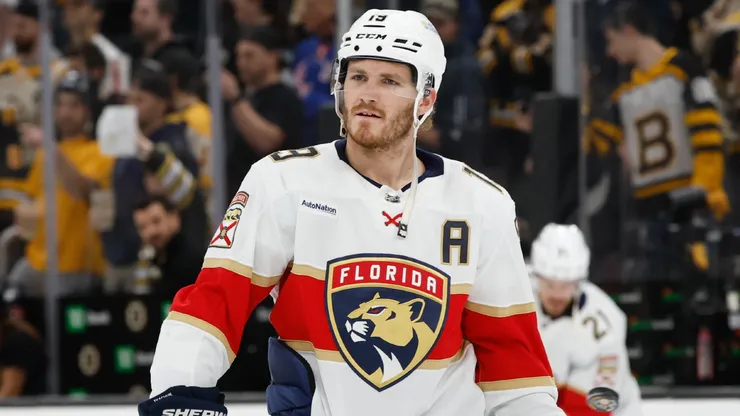 Matthew Tkachuk #19 of the Florida Panthers warms up before a game against the Boston Bruins during Game Six of the Second Round of the 2024 Stanley Cup Playoffs at the TD Garden on May 17, 2024.