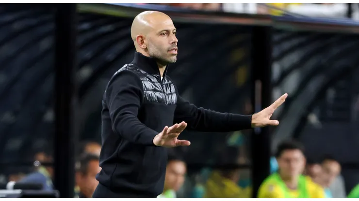 Head coach Javier Mascherano of Inter Miami CF gestures in the second half of a preseason friendly match against America at Allegiant Stadium on January 18, 2025 in Las Vegas, Nevada. Inter Miami FC defeated America 3-2 in a penalty shootout.