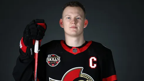 Brady Tkachuk #7 of the Ottawa Senators poses for a portrait before the 2022 NHL All-Star game at T-Mobile Arena on February 04, 2022.