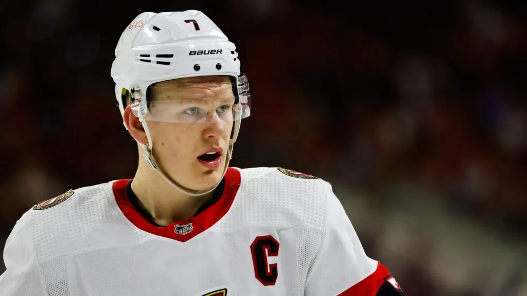 Brady Tkachuk #7 of the Ottawa Senators looks on during the third period the game against the Carolina Hurricanes at PNC Arena on April 04, 2023. (Source: Jaylynn Nash/Getty Images)