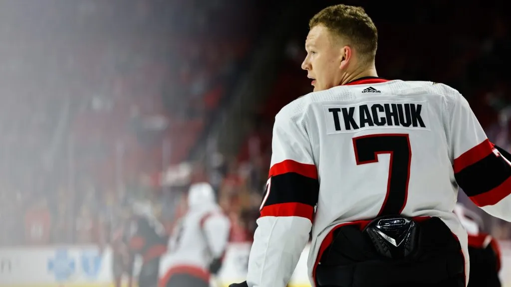 Brady Tkachuk #7 of the Ottawa Senators looks on during the warmups prior to the start of the game against the Carolina Hurricanes at PNC Arena on April 04, 2023. (Source: Jaylynn Nash/Getty Images)