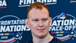 Brady Tkachuk #7 of the United States takes questions during media day ahead of the 2025 NHL 4 Nations Face-Off at the Bell Centre on February 11, 2025 in Montreal, Quebec, Canada.