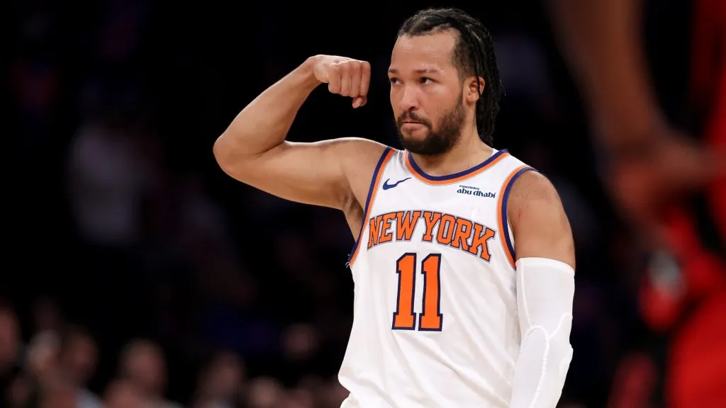 Jalen Brunson #11 of the New York Knicks celebrates in the fourth quarter against the Houston Rockets at Madison Square Garden on February 03, 2025. (Elsa/Getty Images)