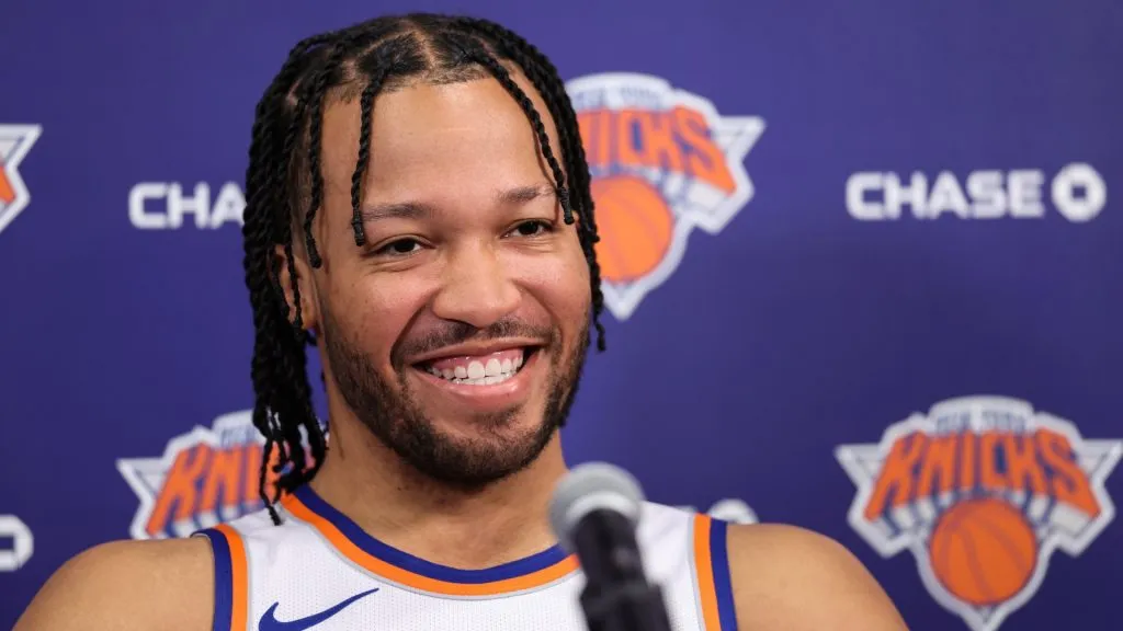 Jalen Brunson #11 of the New York Knicks speaks at a press conference during media day at Knicks Training Facility on September 30, 2024. (Source: Dustin Satloff/Getty Images)