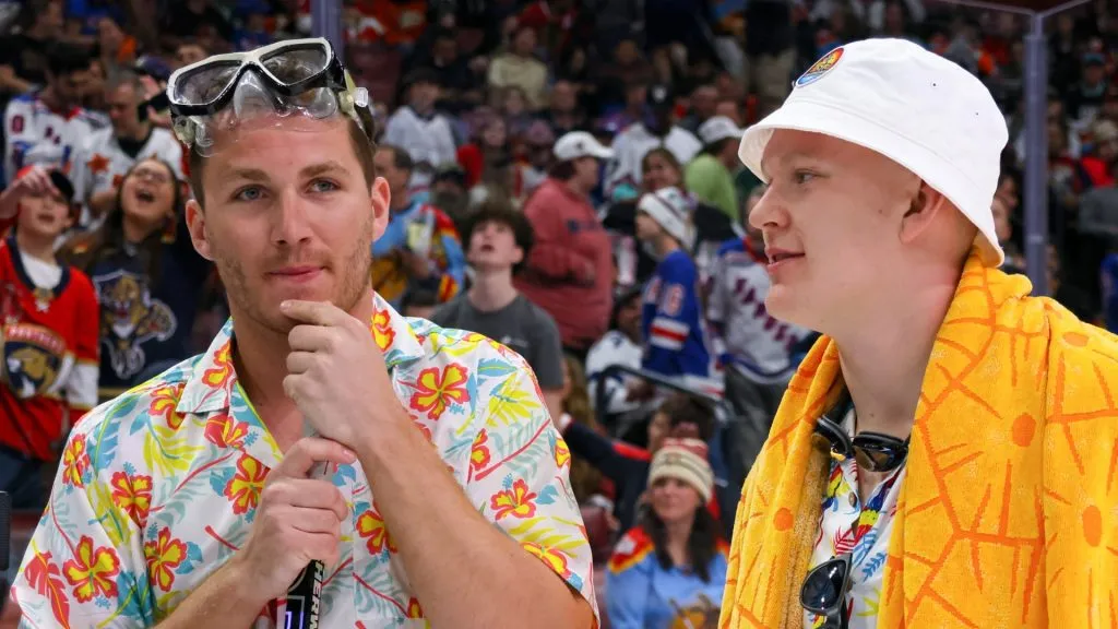 Matthew Tkachuk #19 of the Florida Panthers and Brady Tkachuk #7 of the Ottawa Senators talk during the 2023 NHL All-Star Skills Competition at FLA Live Arena on February 03, 2023 in Sunrise, Florida.