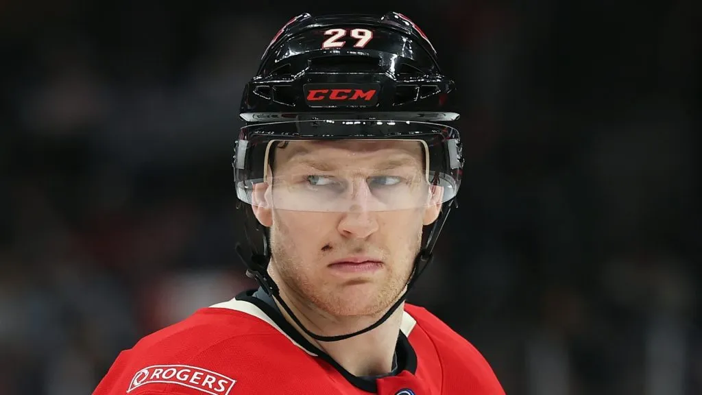 Nathan MacKinnon #29 of Team Canada plays against Team Finland in the 4 Nations Face-Off game at TD Garden on February 17, 2025 in Boston, Massachusetts.