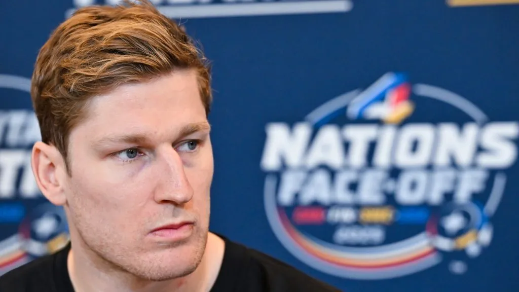 Nathan MacKinnon #29 of Canada takes questions during media day ahead of the 2025 NHL 4 Nations Face-Off at the Bell Centre on February 11, 2025 in Montreal, Quebec, Canada.