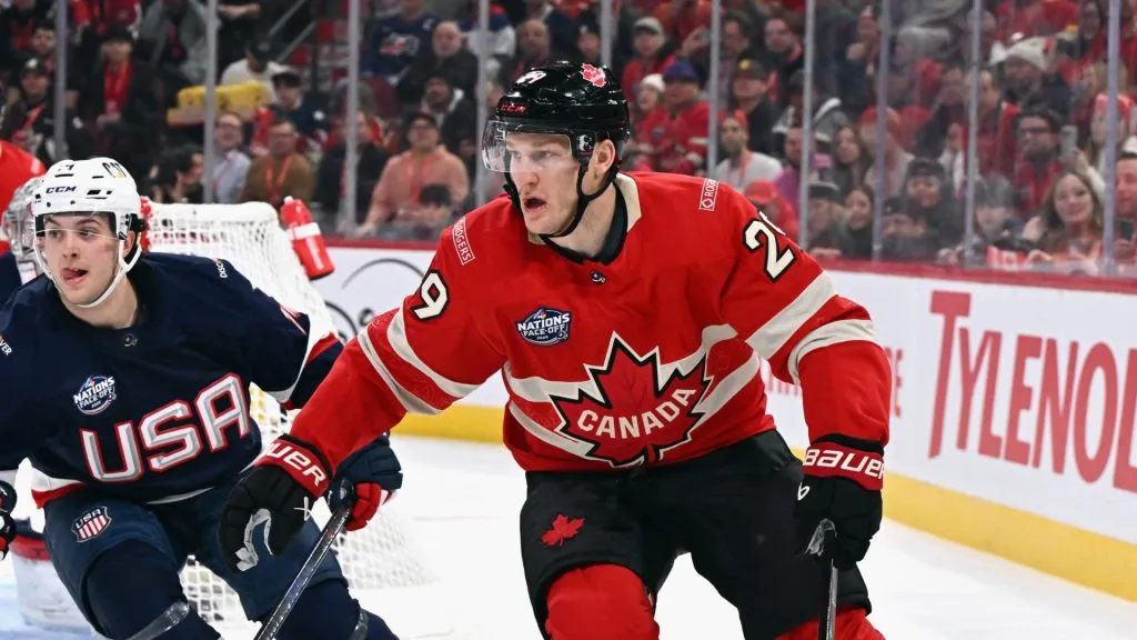 Nathan MacKinnon #29 skates against Team Canada during the second period in the 4 Nations Face-Off game at the Bell Centre on February 15, 2025 in Montreal, Quebec, Canada.