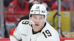 Matthew Tkachuk #19 of the Florida Panthers looks on against the Washington Capitals at Capital One Arena on February 04, 2025 in Washington, DC.