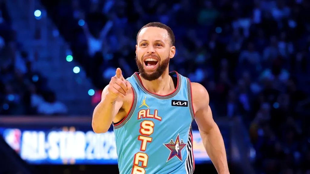 Stephen Curry #30 of the Golden State Warriors and Shaq's OGs celebrates a play during the 74th NBA All-Star Game