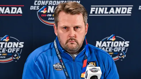 Head coach Antti Pennanen of Finland takes questions during media day ahead of the 2025 NHL 4 Nations Face-Off at the Bell Centre on February 11, 2025 in Montreal, Quebec, Canada.