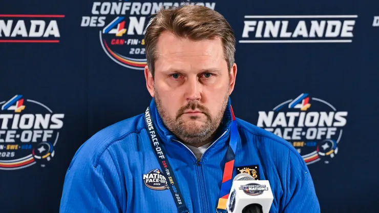 Head coach Antti Pennanen of Finland takes questions during media day ahead of the 2025 NHL 4 Nations Face-Off at the Bell Centre on February 11, 2025 in Montreal, Quebec, Canada.
