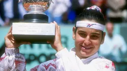 Arantxa Sanchez-Vicario of Spain holds up her trophy at the French Open at Roland Garros in France (1994)