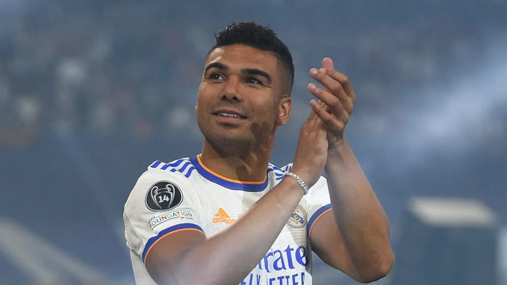 Casemiro of Real Madrid applauds supporters during celebrations at estadio Santiago Bernabeu 