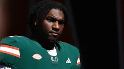 Cam Ward #1 of the Miami Hurricanes walks onto the field to face the Wake Forest Demon Deacons during the first half at Hard Rock Stadium on November 23, 2024 in Miami Gardens, Florida.