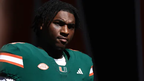 Cam Ward #1 of the Miami Hurricanes walks onto the field to face the Wake Forest Demon Deacons during the first half at Hard Rock Stadium on November 23, 2024 in Miami Gardens, Florida.