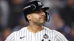 Gleyber Torres #25 of the New York Yankees reacts after hitting a three-run home run during the eighth inning of Game Four of the 2024 World Series against the Los Angeles Dodgers.
