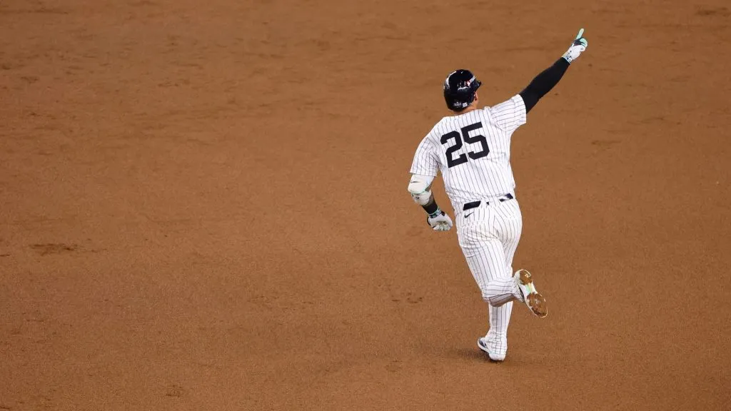 Gleyber Torres #25 of the New York Yankees reacts after hitting a three-run home run during the eighth inning of Game Four of the 2024 World Series against the Los Angeles Dodgers at Yankee Stadium on October 29, 2024 in the Bronx borough of New York City. (Photo by Alex Slitz/Getty Images)