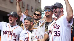 Jose Altuve #27, Alex Bregman #2, Justin Verlander #35, Yuli Gurriel #10 and Lance McCullers Jr. #43 of the Houston Astros participate in the World Series Parade on November 07, 2022 in Houston, Texas.