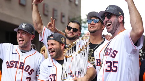Jose Altuve #27, Alex Bregman #2, Justin Verlander #35, Yuli Gurriel #10 and Lance McCullers Jr. #43 of the Houston Astros participate in the World Series Parade on November 07, 2022 in Houston, Texas.