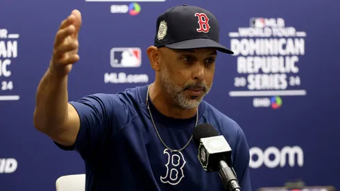 Manager Alex Cora of the Boston Red Sox speaks during a press conference prior to a game against the Tampa Bay Rays at Estadio Quisqueya on March 10, 2024 in Santo Domingo, Dominican Republic.