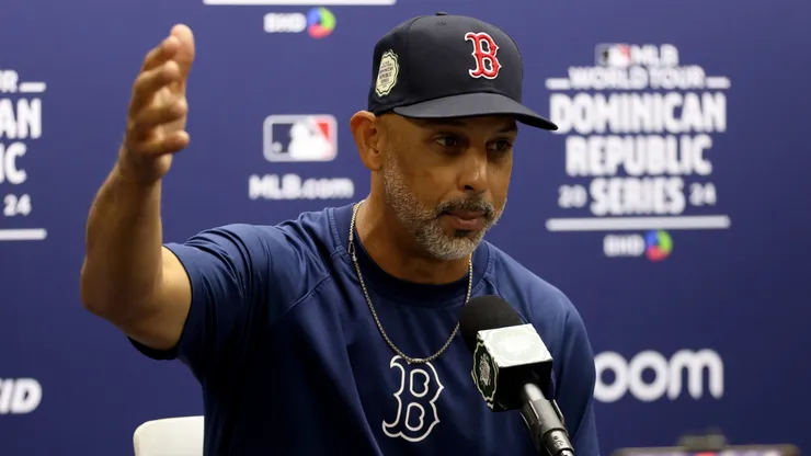 Manager Alex Cora of the Boston Red Sox speaks during a press conference prior to a game against the Tampa Bay Rays at Estadio Quisqueya on March 10, 2024 in Santo Domingo, Dominican Republic.