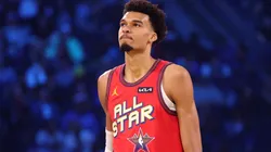 Victor Wembanyama #1 of the San Antonio Spurs and Chuck's Global Stars looks on against Kenny's Young Stars during the 74th NBA All-Star Game at Chase Center on February 16, 2025 in San Francisco, California.