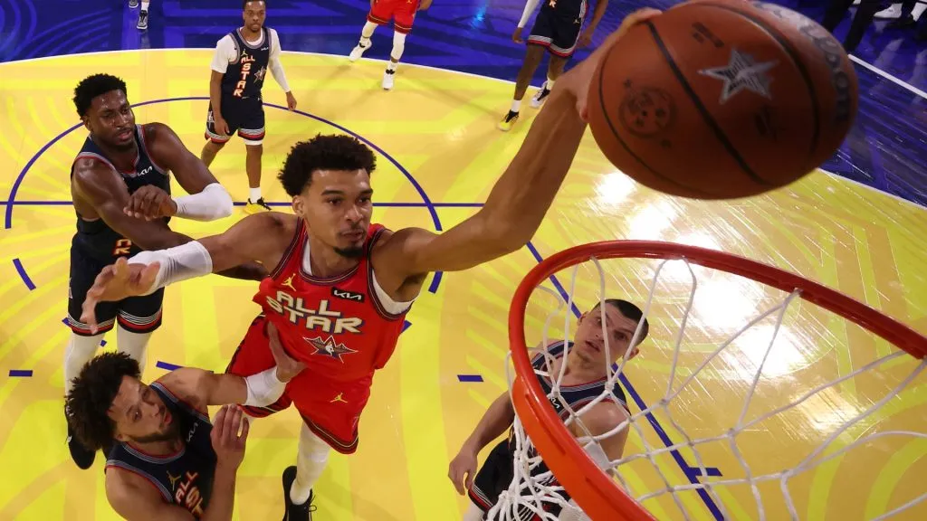 Victor Wembanyama #1 of the San Antonio Spurs and Chuck’s Global Stars dunks the ball against Jaren Jackson Jr. #13 of the Memphis Grizzlies and Kenny’s Young Stars, Cade Cunningham #2 of the Detroit Pistons and Kenny’s Young Stars and Tyler Herro #14 of the Miami Heat and Kenny’s Young Stars during the 74th NBA All-Star Game at Chase Center on February 16, 2025 in San Francisco, California. (Photo by Ezra Shaw/Getty Images)