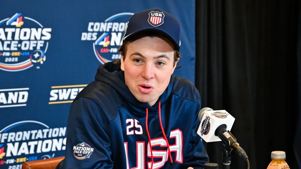 Charlie McAvoy #25 of the United States takes questions during media day ahead of the 2025 NHL 4 Nations Face-Off at the Bell Centre on February 11, 2025 in Montreal, Quebec, Canada.