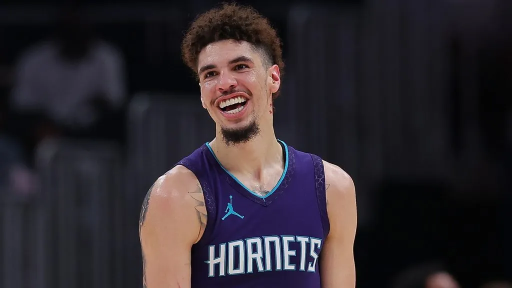 LaMelo Ball #1 of the Charlotte Hornets react after a three-point basket against the Atlanta Hawks during the second quarter at State Farm Arena on October 25, 2024. (Source: Kevin C. Cox/Getty Images)