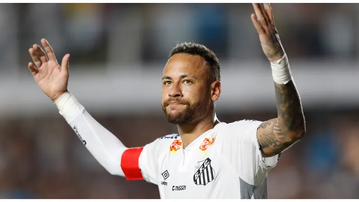 Neymar of Santos celebrates after scoring the team´s first goal during a match between Santos and Agua Santa as part of Campeonato Paulista 2025 at Urbano Caldeira Stadium (Vila Belmiro) on February 16, 2025 in Santos, Brazil.