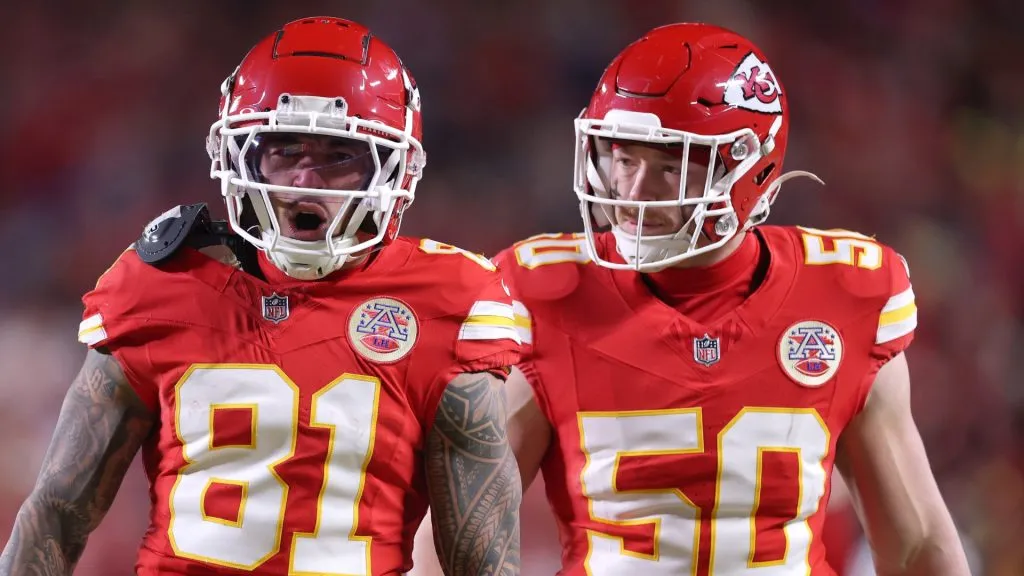 Nikko Remigio #81 of the Kansas City Chiefs celebrates his long punt return with Swayze Bozeman #50 during the second quarter against the Buffalo Bills in the AFC Championship Game at GEHA Field at Arrowhead Stadium on January 26, 2025 in Kansas City, Missouri.