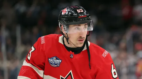 Brad Marchand #63 of Team Canada warms up prior to a game against Team Finland in the 4 Nations Face-Off game at TD Garden on February 17, 2025 in Boston, Massachusetts.