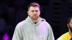 Luka Doncic #77 of the Los Angeles Lakers looks on prior to a game against the Indiana Pacers at Crypto.com Arena.