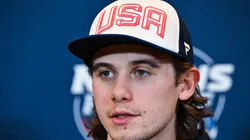 Jack Hughes #86 of the United States takes questions during media day ahead of the 2025 NHL 4 Nations Face-Off at the Bell Centre on February 11, 2025 in Montreal, Quebec, Canada.