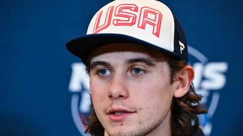 Jack Hughes #86 of the United States takes questions during media day ahead of the 2025 NHL 4 Nations Face-Off at the Bell Centre on February 11, 2025 in Montreal, Quebec, Canada.