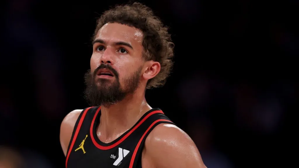 Trae Young #11 of the Atlanta Hawks looks on in the first half against the New York Knicks at Madison Square Garden on February 12, 2025. (Source: Elsa/Getty Images)