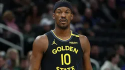 Jimmy Butler #10 of the Golden State Warriors walks backcourt during a game against the Milwaukee Bucks at Fiserv Forum on February 10, 2025 in Milwaukee, Wisconsin.