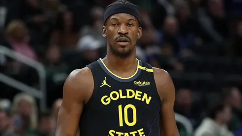 Jimmy Butler #10 of the Golden State Warriors walks backcourt during a game against the Milwaukee Bucks at Fiserv Forum on February 10, 2025 in Milwaukee, Wisconsin.
